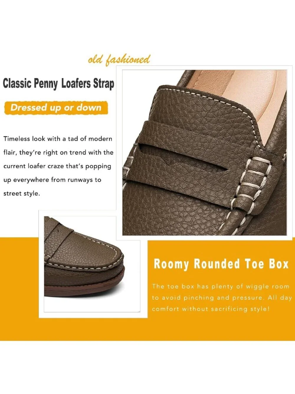 Women's Khaki Leather Comfortable Penny Loafers Slip On Casual Walking Shoes